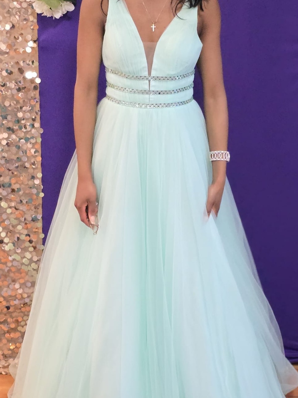 Elegant Mint Tulle Ball Gown Dress with Beaded Waist